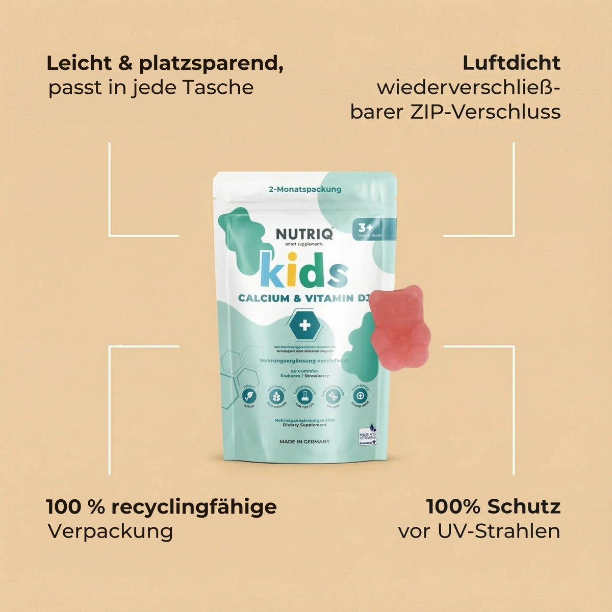 NUTRIQ Kids Calcium & Vitamin D3 Gummies für starke Knochen, Zähne und Wachstum bei Kindern, Produktbild 6