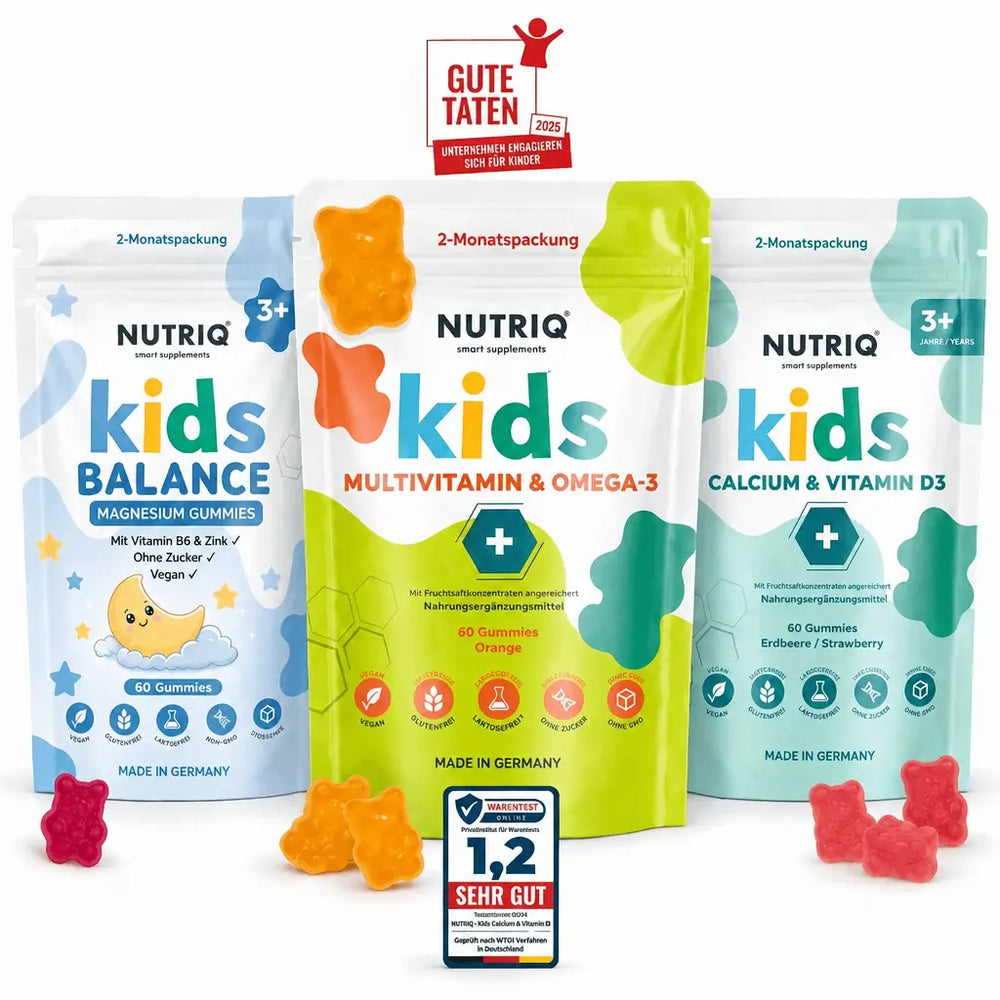 NUTRIQ Kids Elite (Day & Night): Kids Multivitamin & Omega-3, Kids Calcium & Vitamin D3 und Kids Balance Magnesium Gummies