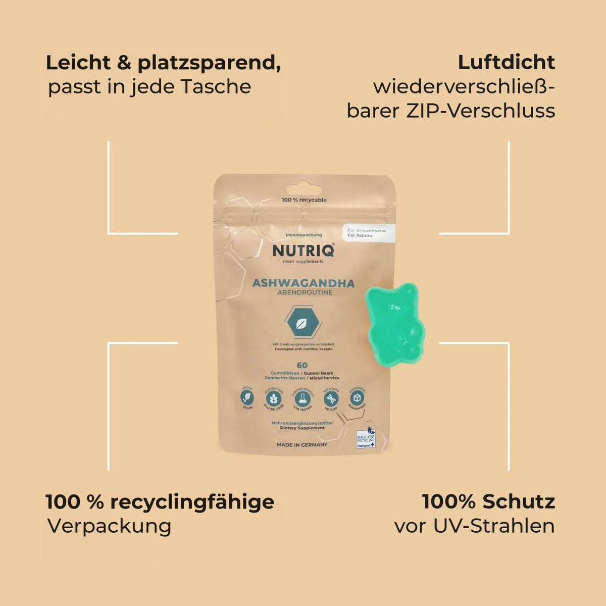 NUTRIQ Ashwagandha Gummies bei Stress, für Schlaf, innere Ruhe und die Abendroutine, Produktbild 4